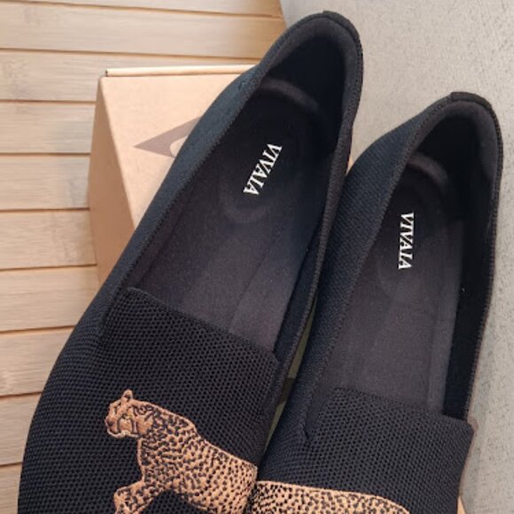 VIVAIA Size 10 EU 41.5 Audrey Black Cheetah Embroidered Round Toe Flats Loafers - Picture 2 of 11